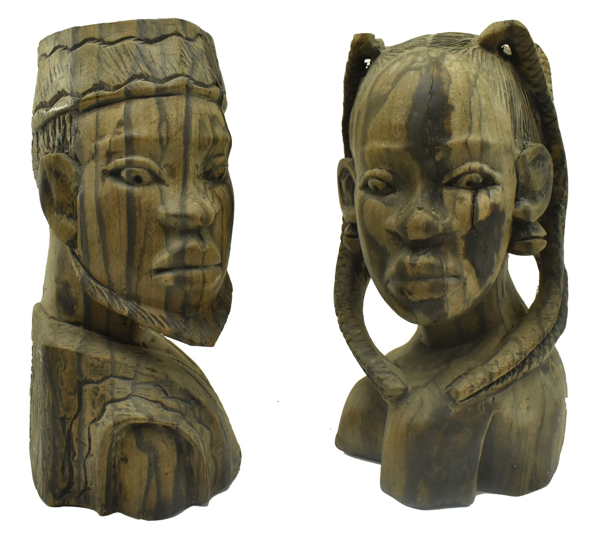 PAIR OF AFRICAN BENIN LATE 19TH CENTURY CARVED WOOD BUSTS