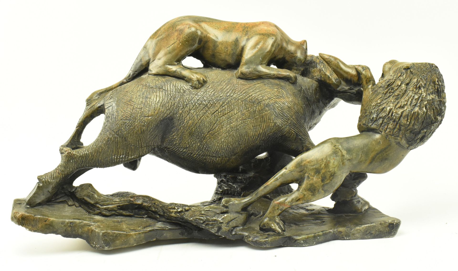SOUTH AFRICAN CARVED SOAPSTONE LIONS SLAYING BUFFALO STATUE - Image 3 of 6