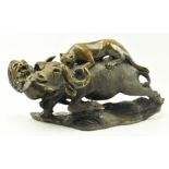 SOUTH AFRICAN CARVED SOAPSTONE LIONS SLAYING BUFFALO STATUE