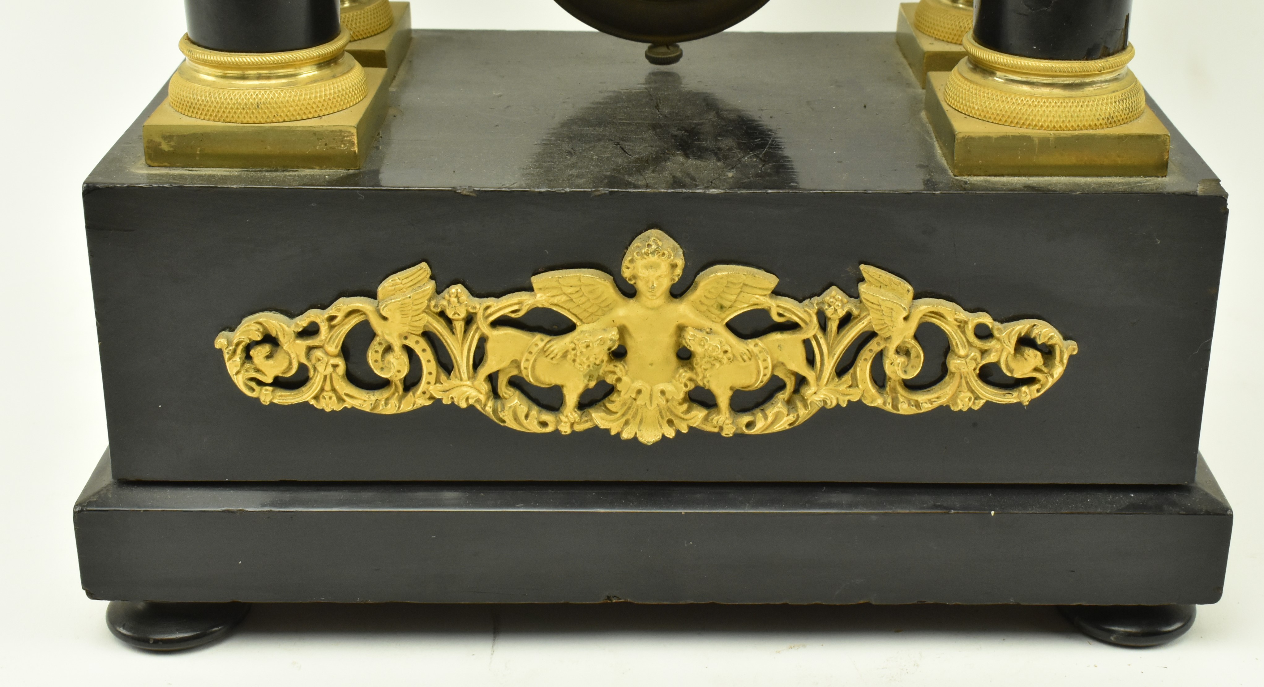 FRENCH EMPIRE STYLE PORTICO EBONISED MANTLE CLOCK - Image 4 of 7