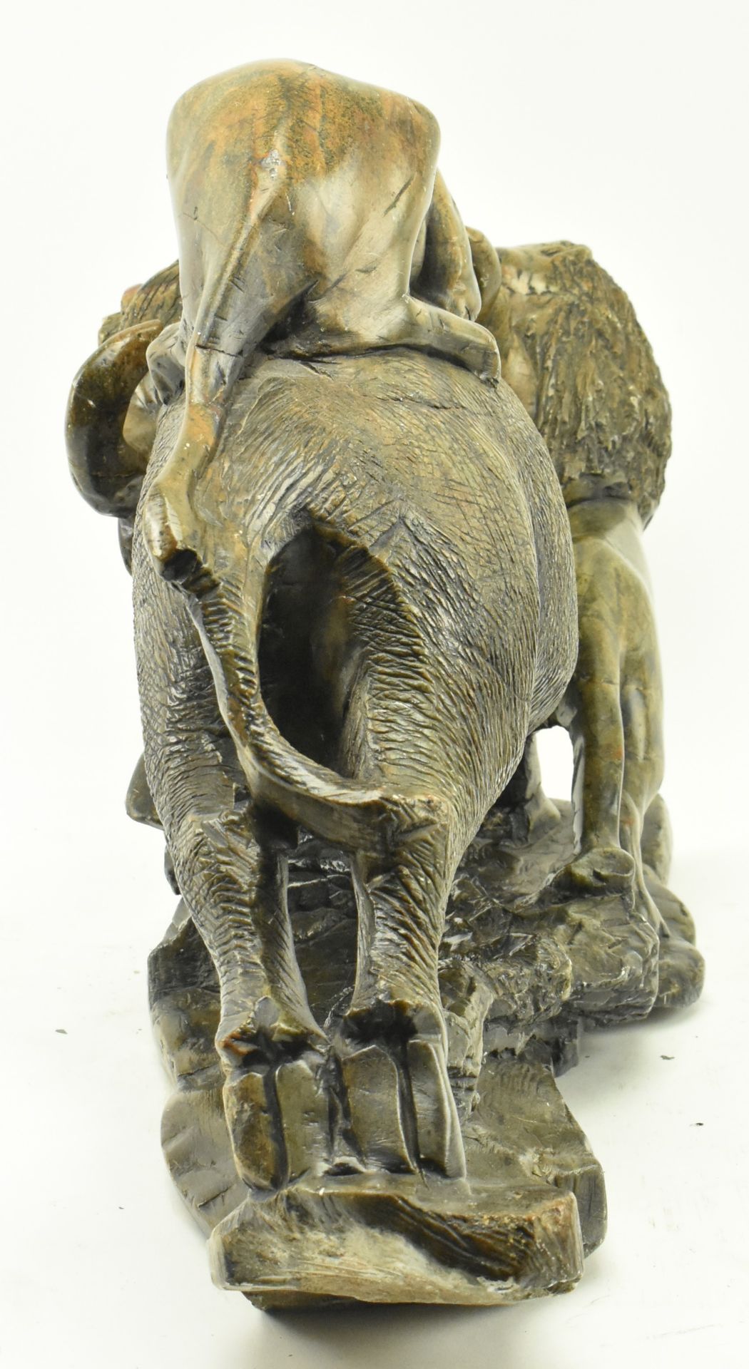 SOUTH AFRICAN CARVED SOAPSTONE LIONS SLAYING BUFFALO STATUE - Image 2 of 6