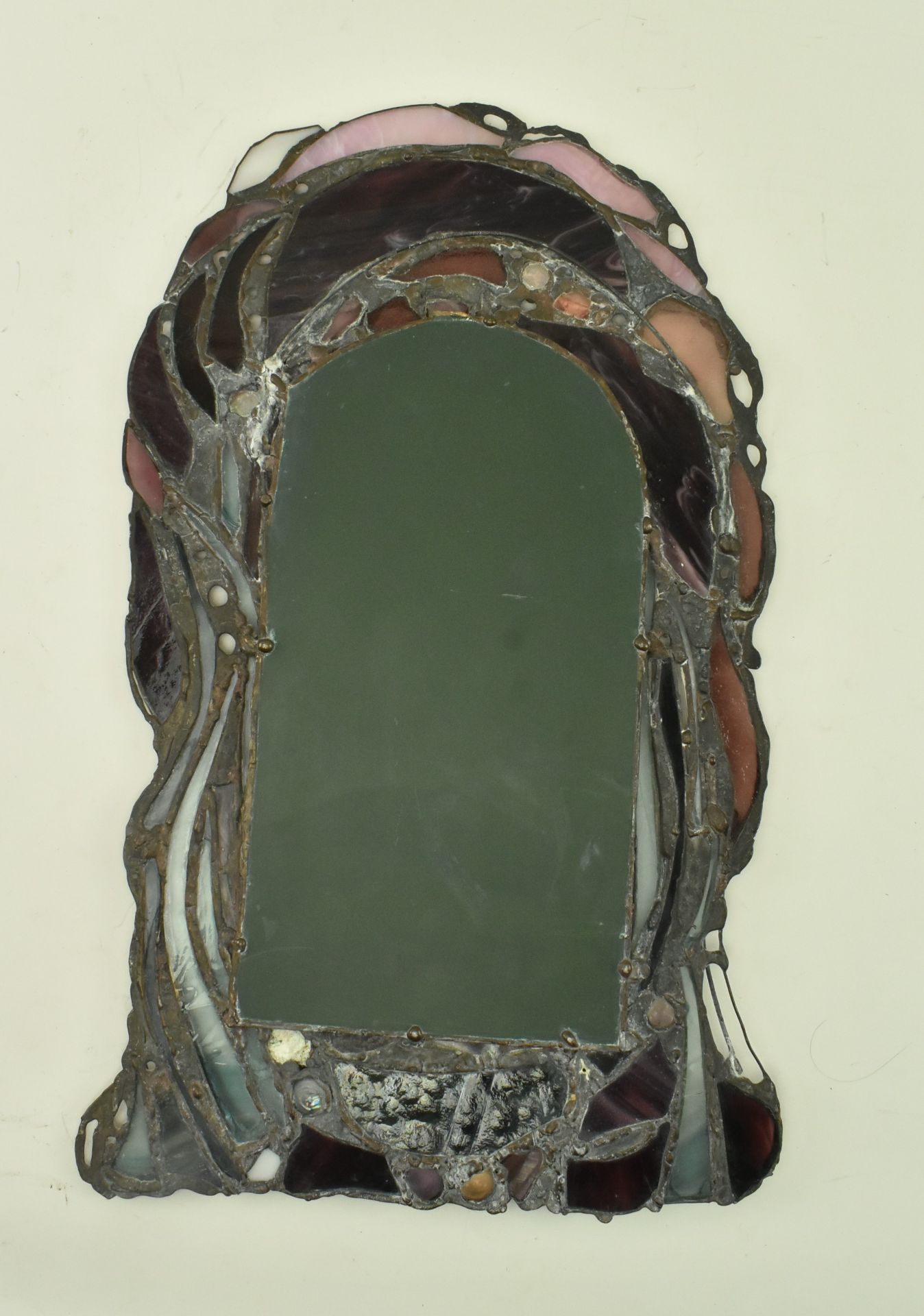 JOHN LEATHWOOD - ARCHED TOP STAINED LEADED GLASS WALL MIRROR - Image 7 of 7
