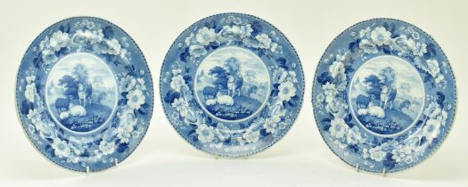 THREE CIRCA 1820S PEARLWARE DOMESTIC CATTLE PLATES