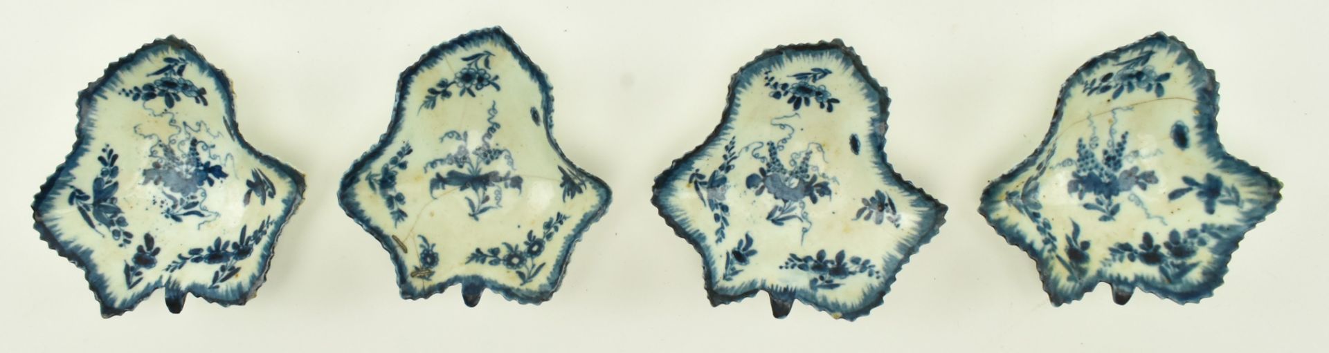 FOUR 18TH CENTURY WORCESTER BLUE & WHITE LEAF PICKLE DISHES