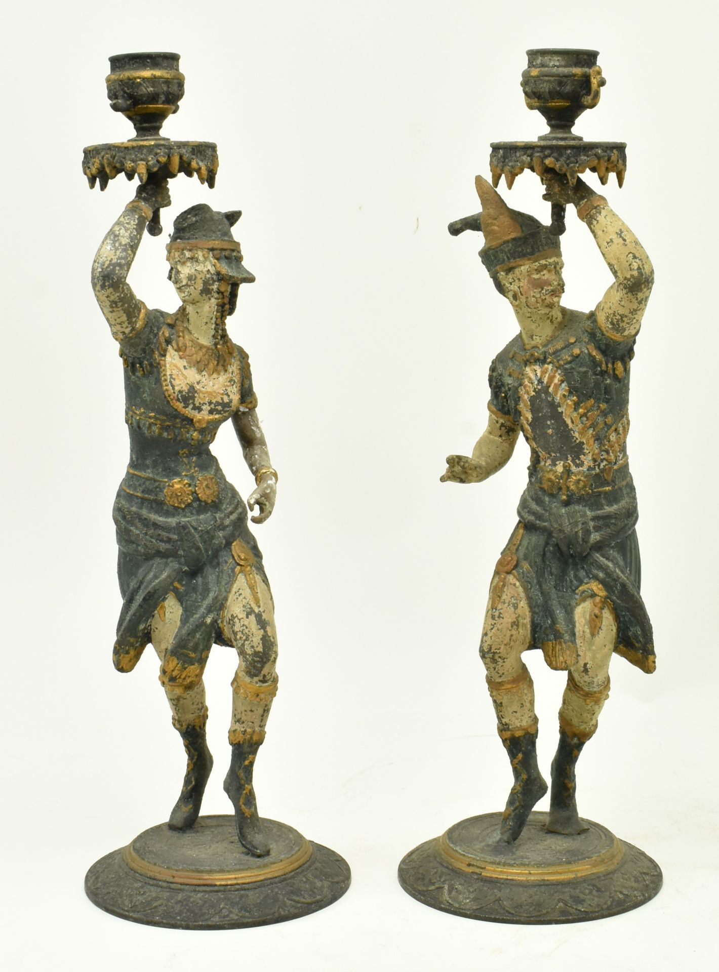PAIR OF 19TH CENTURY FIGURATIVE SPELTER CANDLE-HOLDERS