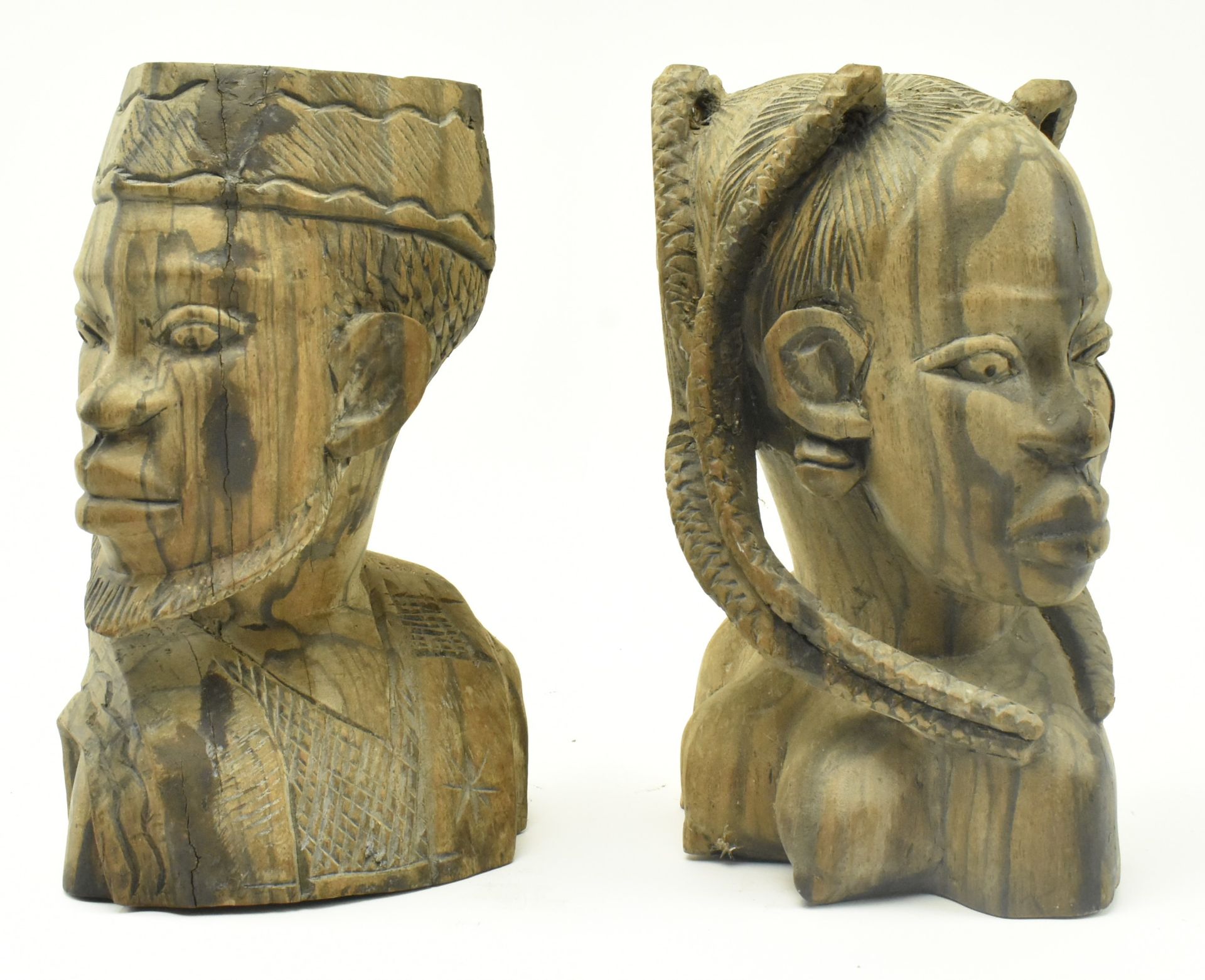 PAIR OF AFRICAN BENIN LATE 19TH CENTURY CARVED WOOD BUSTS - Image 4 of 5