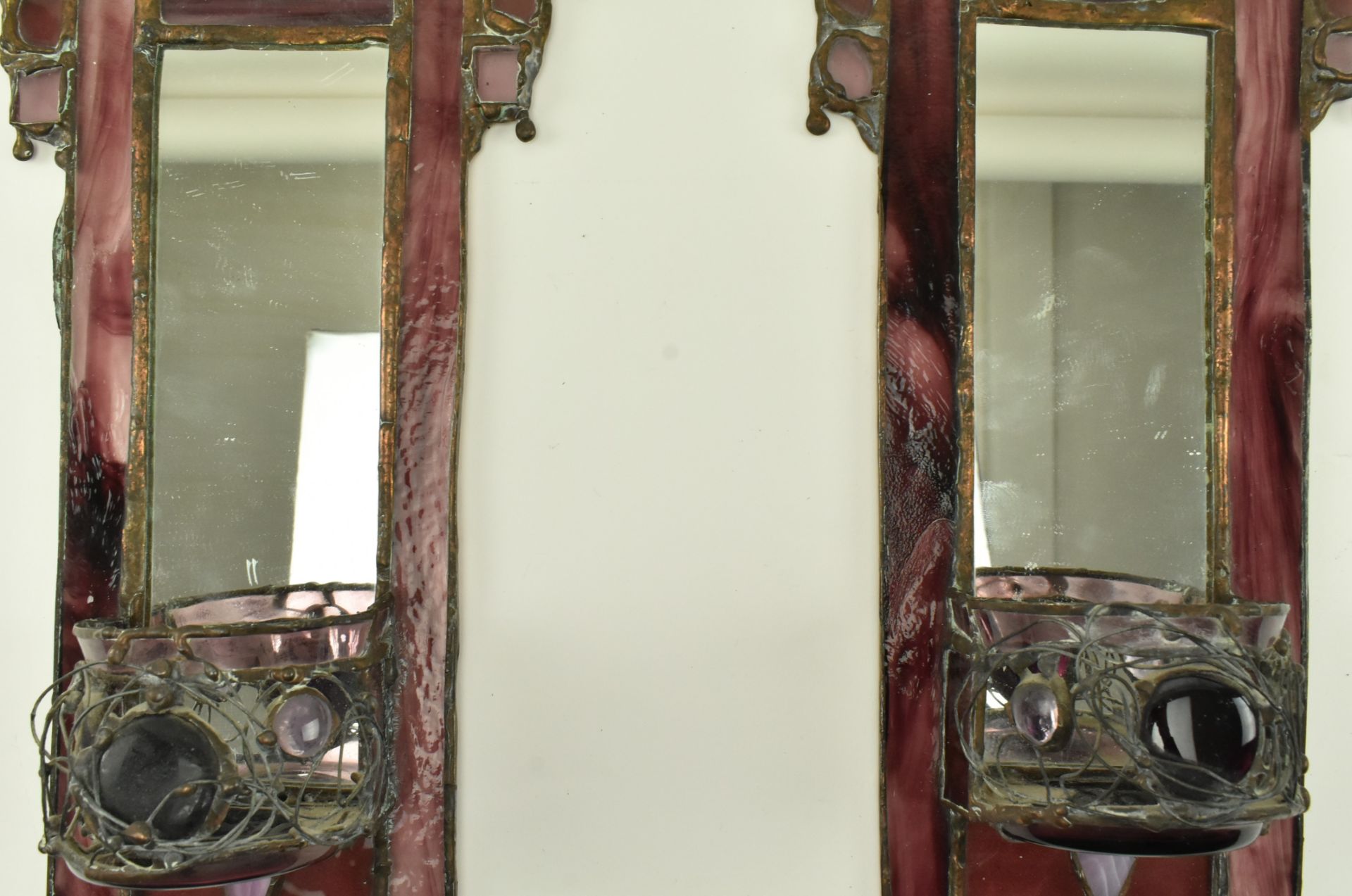 JOHN LEATHWOOD - PAIR OF STAINED LEADED GLASS WALL SCONCES - Image 3 of 8