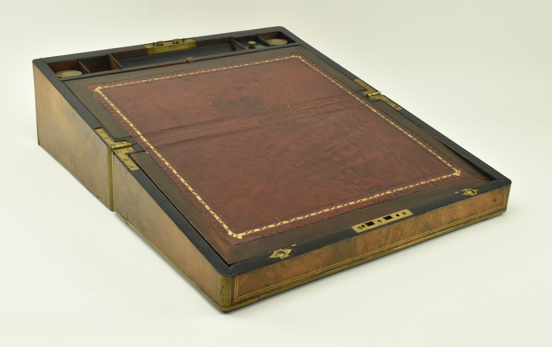 VICTORIAN BURR WALNUT & BRASS BOUND WRITING SLOPE WITH KEY - Image 2 of 11