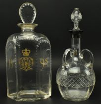 TWO LATE VICTORIAN GLASS DECANTERS, ONE WITH ROYAL CROWN