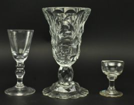 EARLY 19TH CENTURY FLAT GLASS VASE, DOUBLE KNOPPED GLASS & EYE BATH