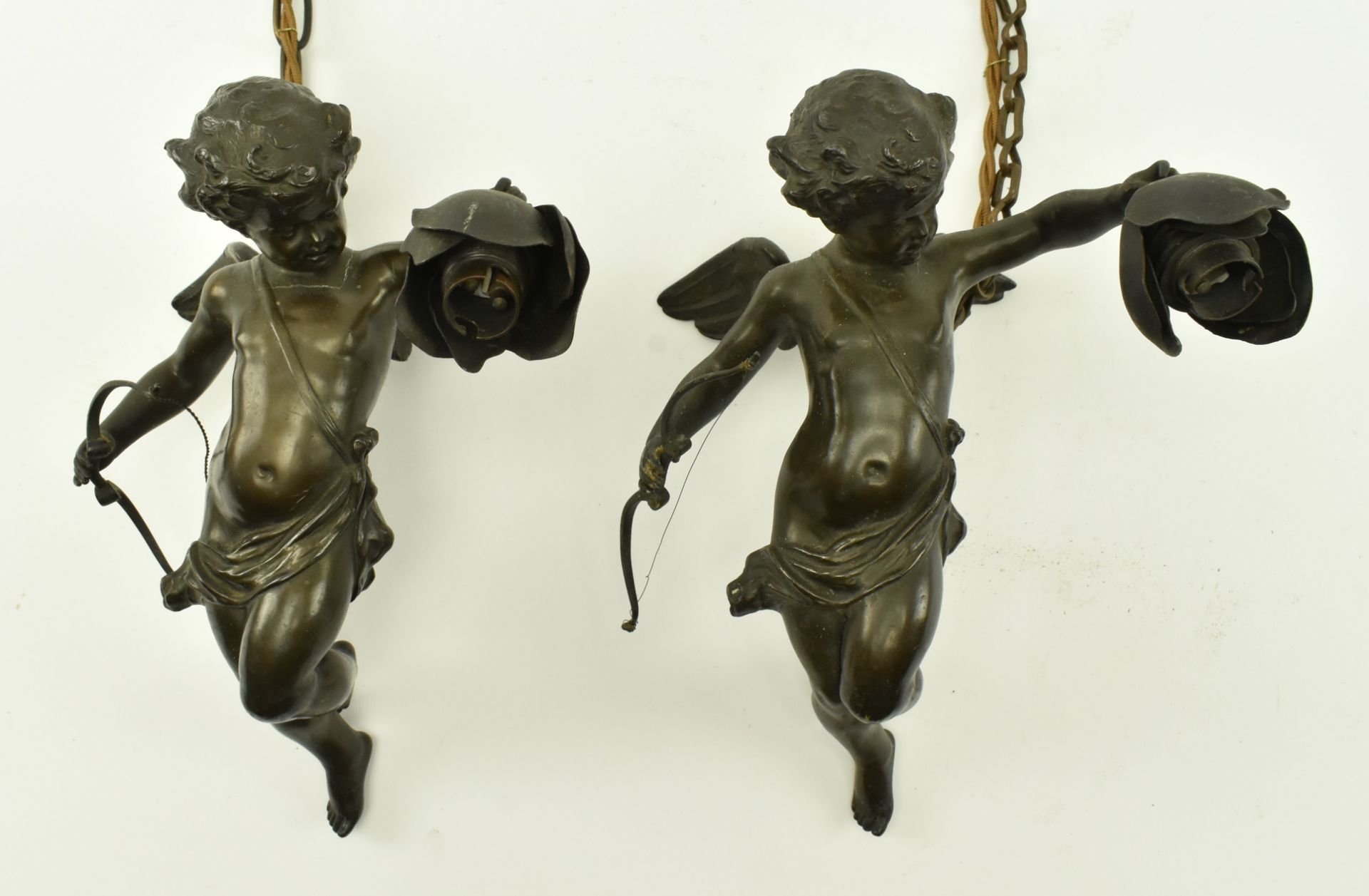 PAIR OF FRENCH CIRCA 1900 BRONZE CHERUBS WALL SCONCES