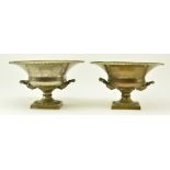 PAIR OF SILVERED METAL CLASSICAL STYLE HANDLED URNS