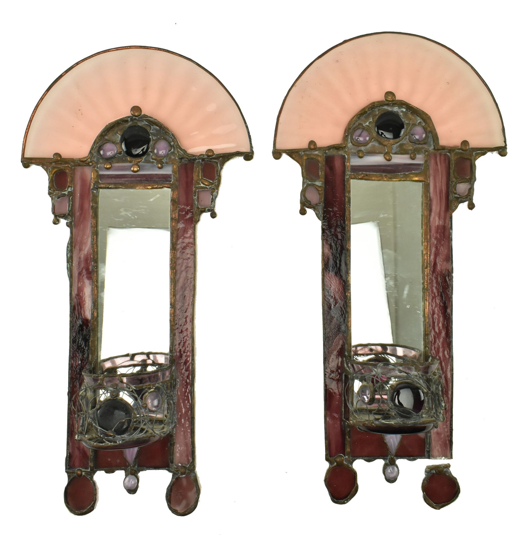JOHN LEATHWOOD - PAIR OF STAINED LEADED GLASS WALL SCONCES