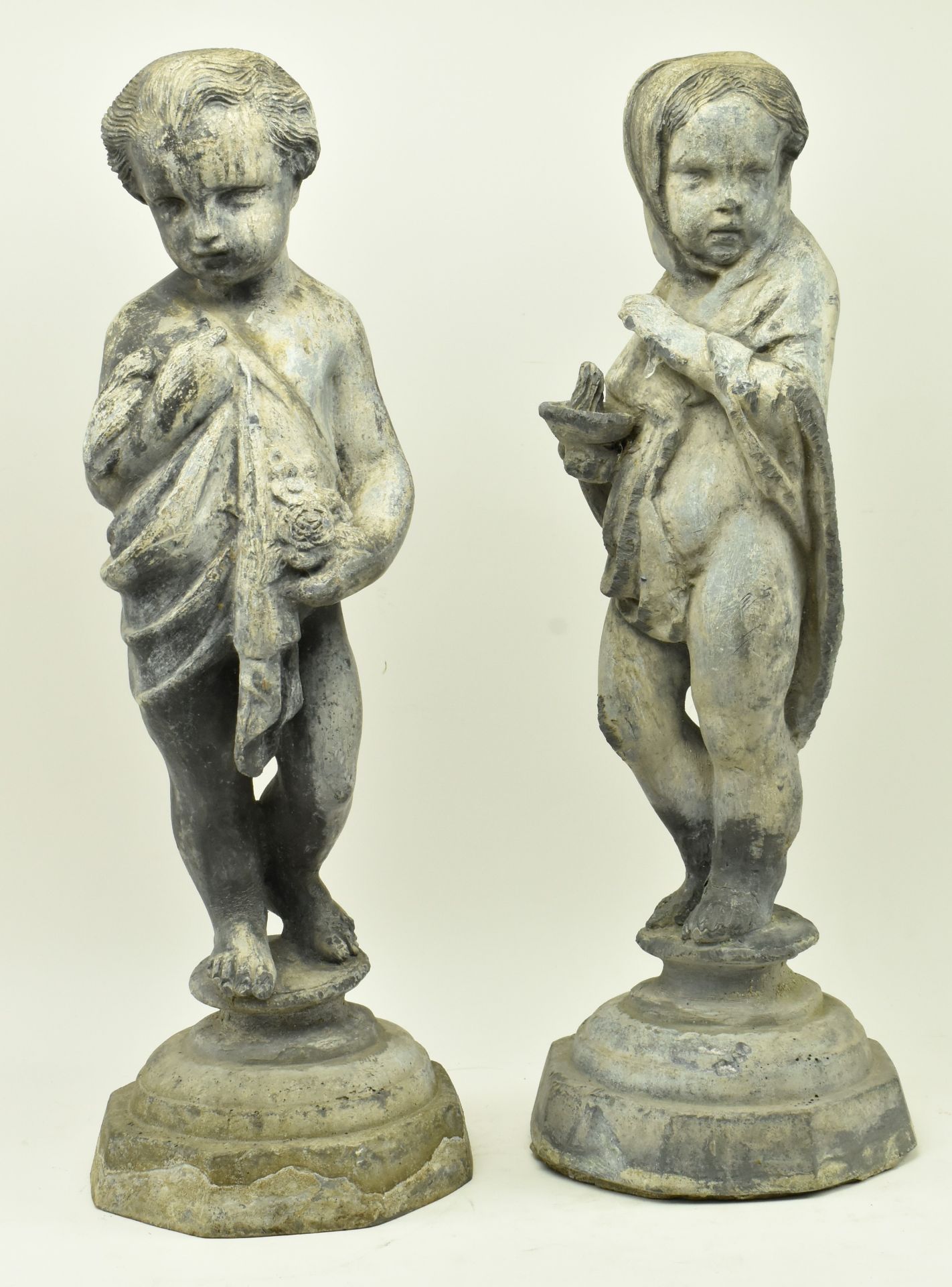 TWO CLASSICAL INSPIRED LEAD GARDEN SCULPTURES BY H. CROWTHER