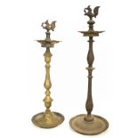 TWO INDIAN ALTAR INCENSE BURNERS WITH COCKEREL FINIAL