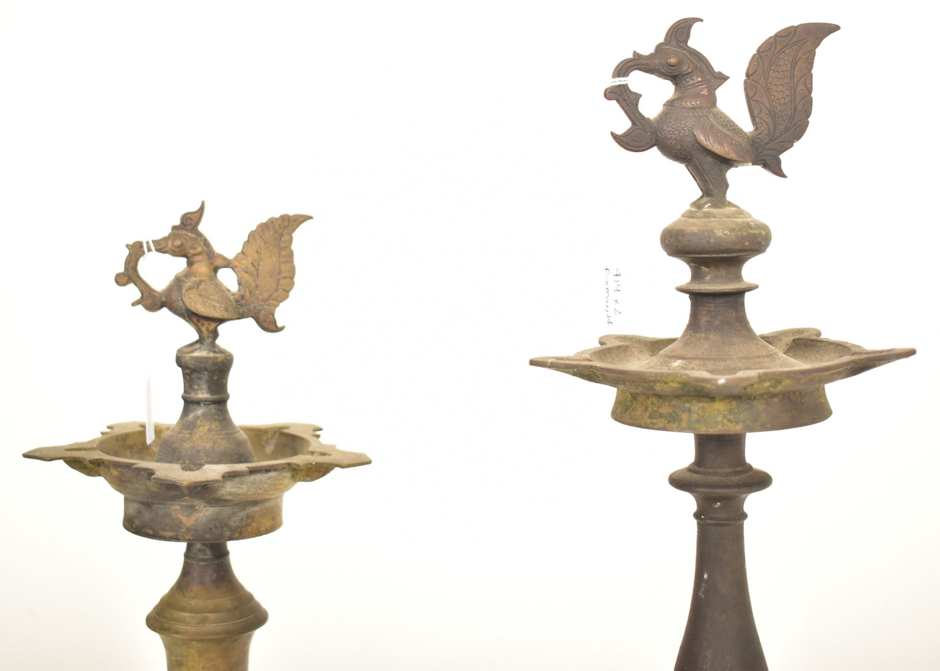 TWO INDIAN ALTAR INCENSE BURNERS WITH COCKEREL FINIAL - Image 3 of 5