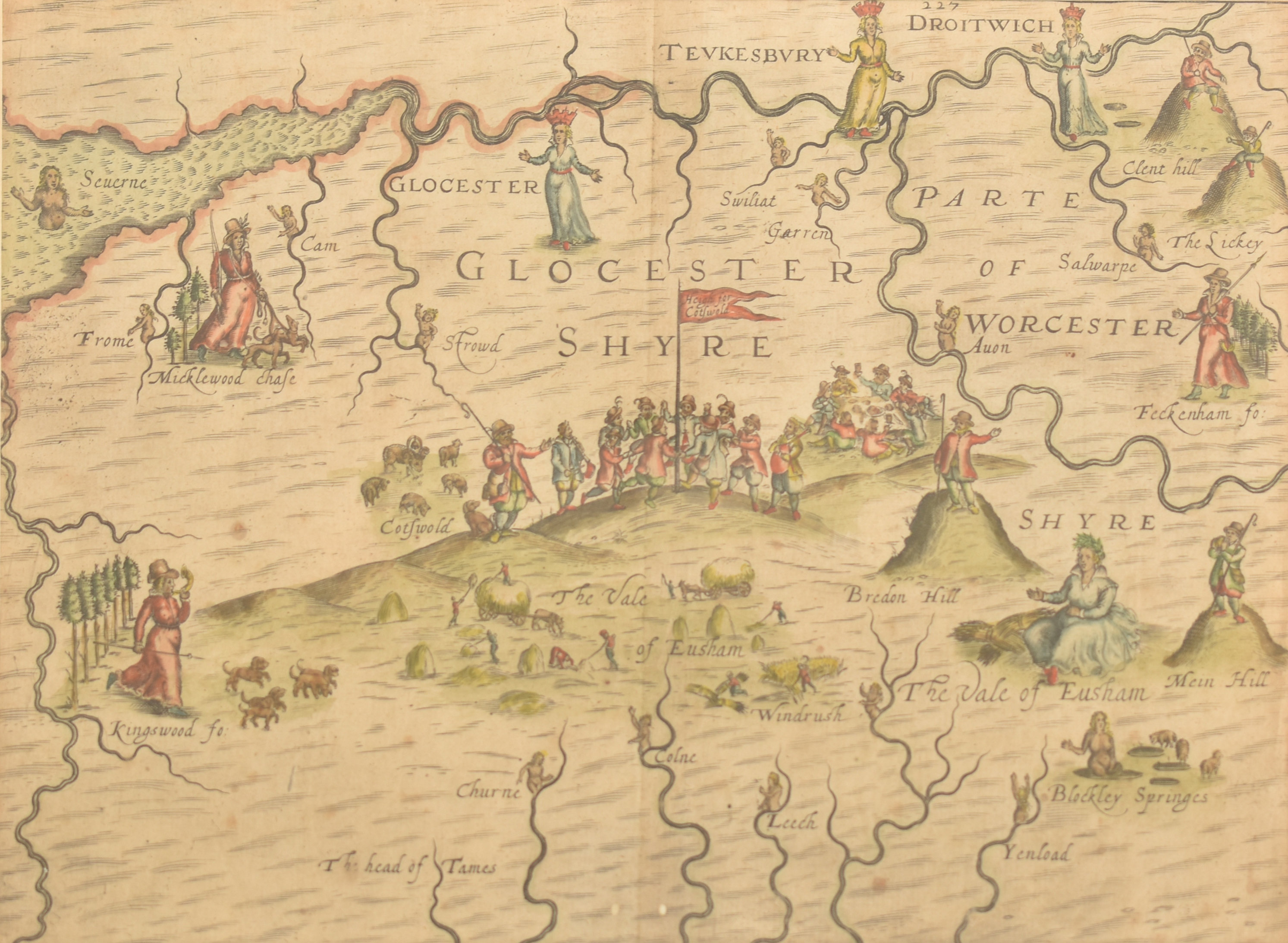 AFTER MICHEAL DRAYTON - ETCHED & COLOURED GLOCESTERSHYRE MAP