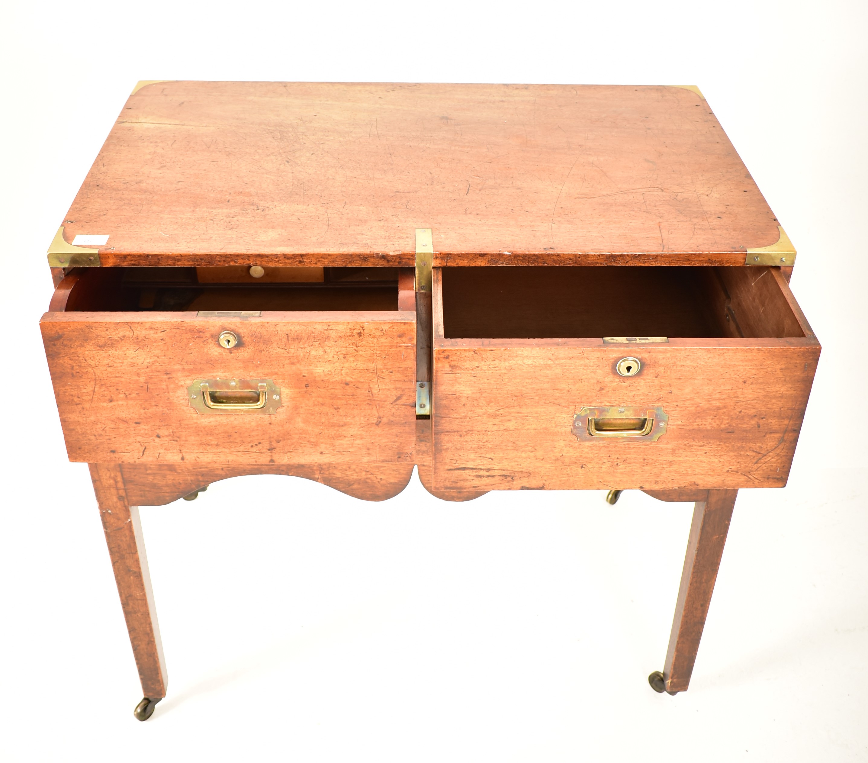 GEORGE III MAHOGANY CAMPAIGN CHEST OF DRAWERS ON STAND - Image 3 of 7