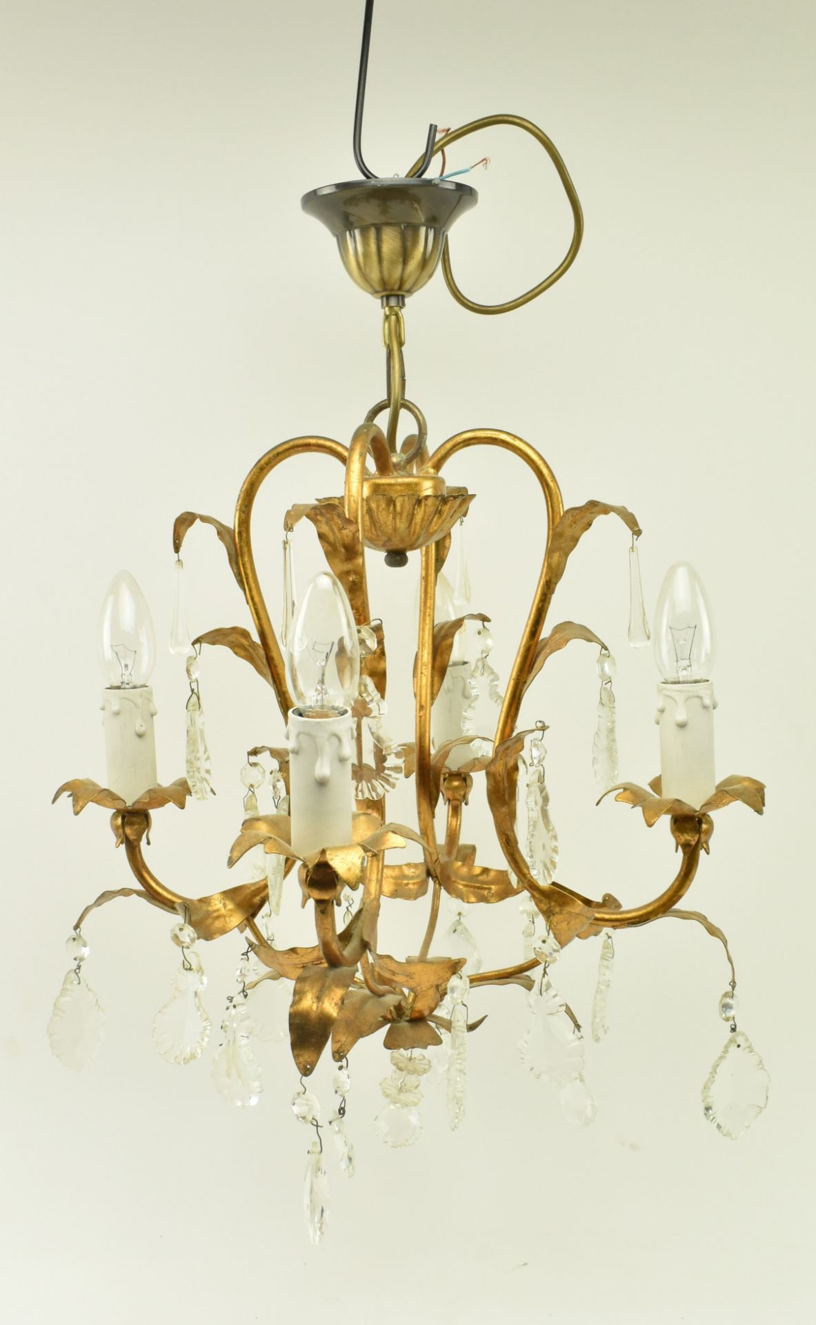 20TH CENTURY GILT METAL FOUR BRANCH TOLEWARE CHANDELIER