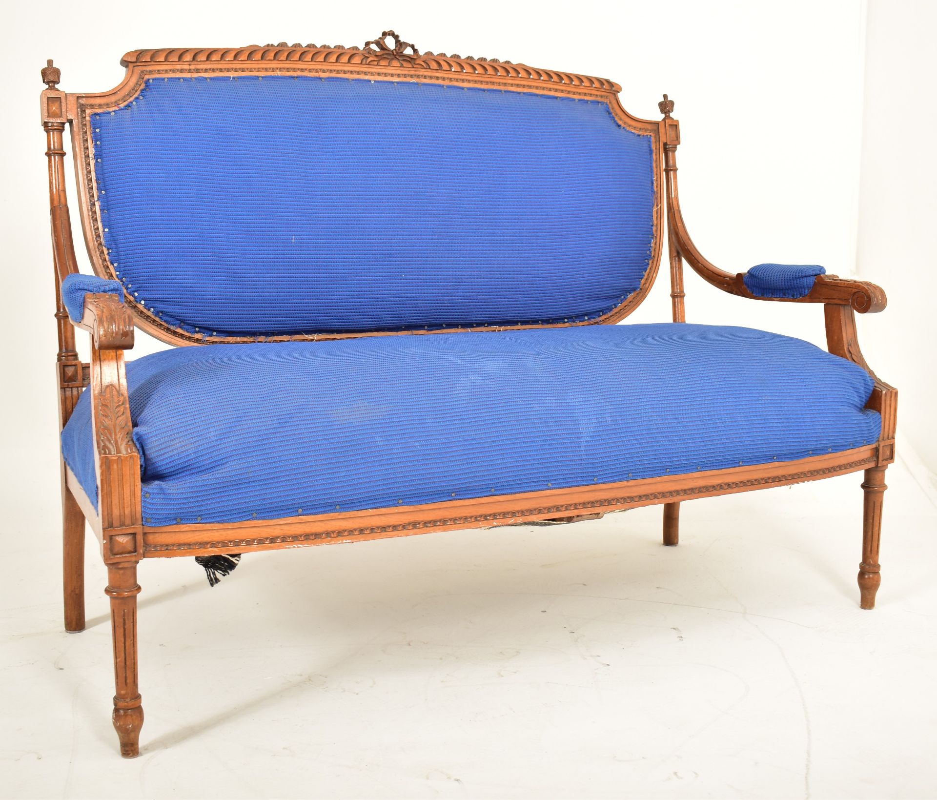 FRENCH LOUIS XVI STYLE CARVED OAK & UPHOLSTERED CANAPE SOFA