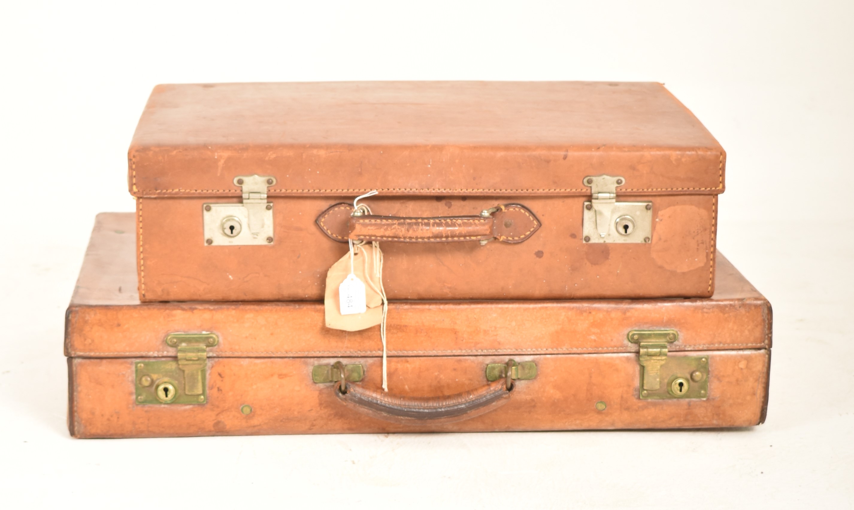 PAIR OF VINTAGE 20TH CENTURY TAN BROWN LEATHER SUITCASES - Image 2 of 5