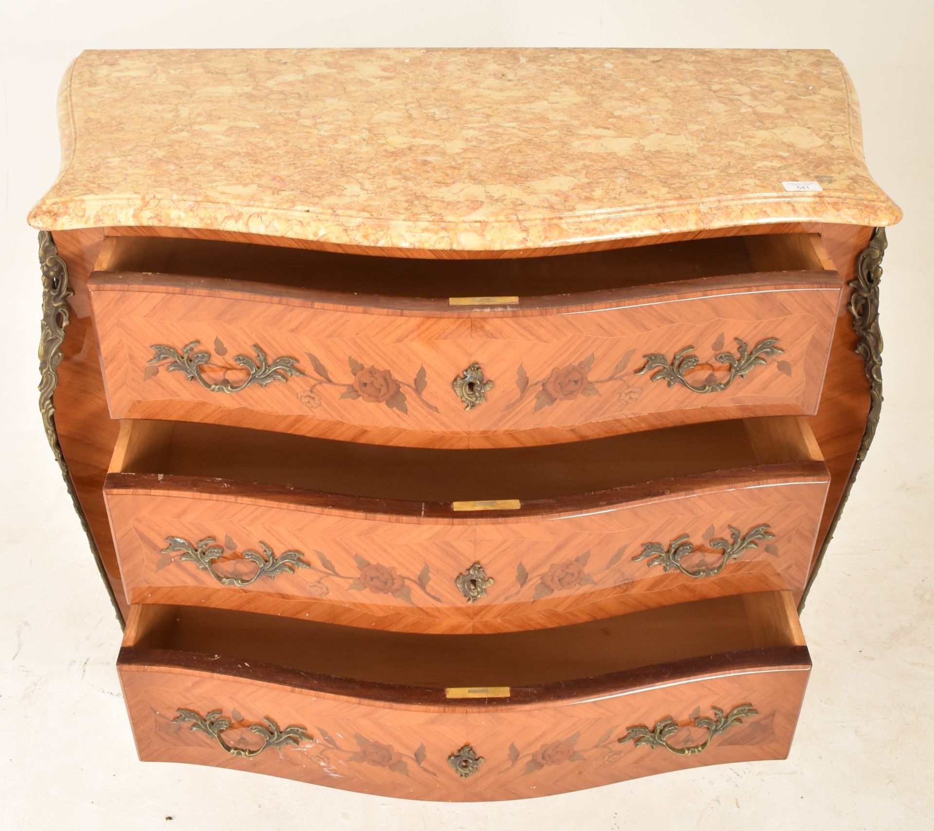 FRENCH OUIS XVI STYLE MARQUETRY & MARBLE TOP BOMBE CHEST - Image 3 of 8