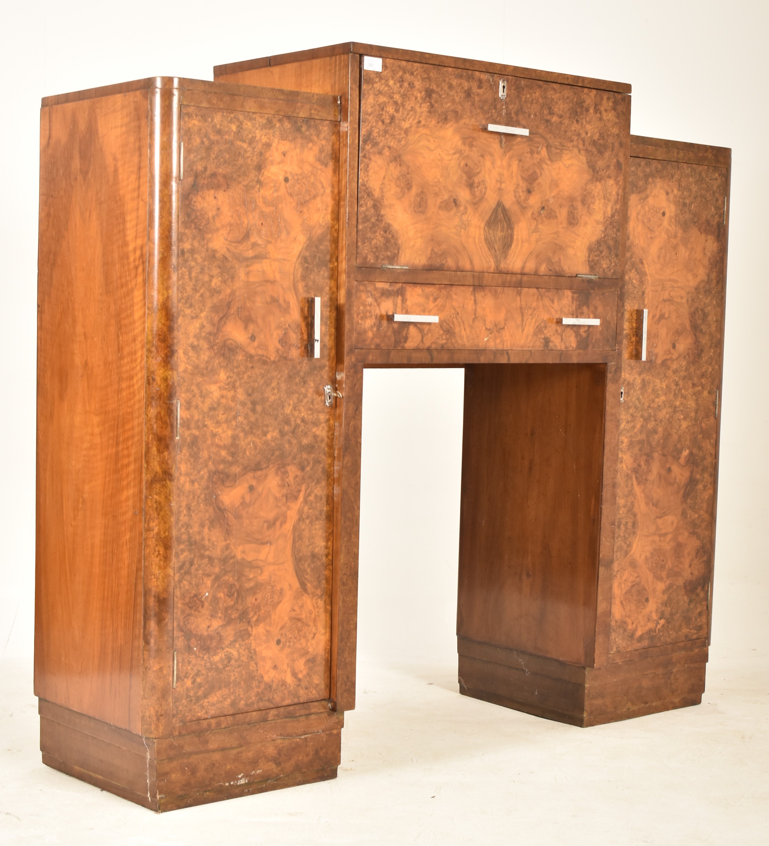 ART DECO 1930S BURR WALNUT FALL FRONT COCKTAIL CABINET