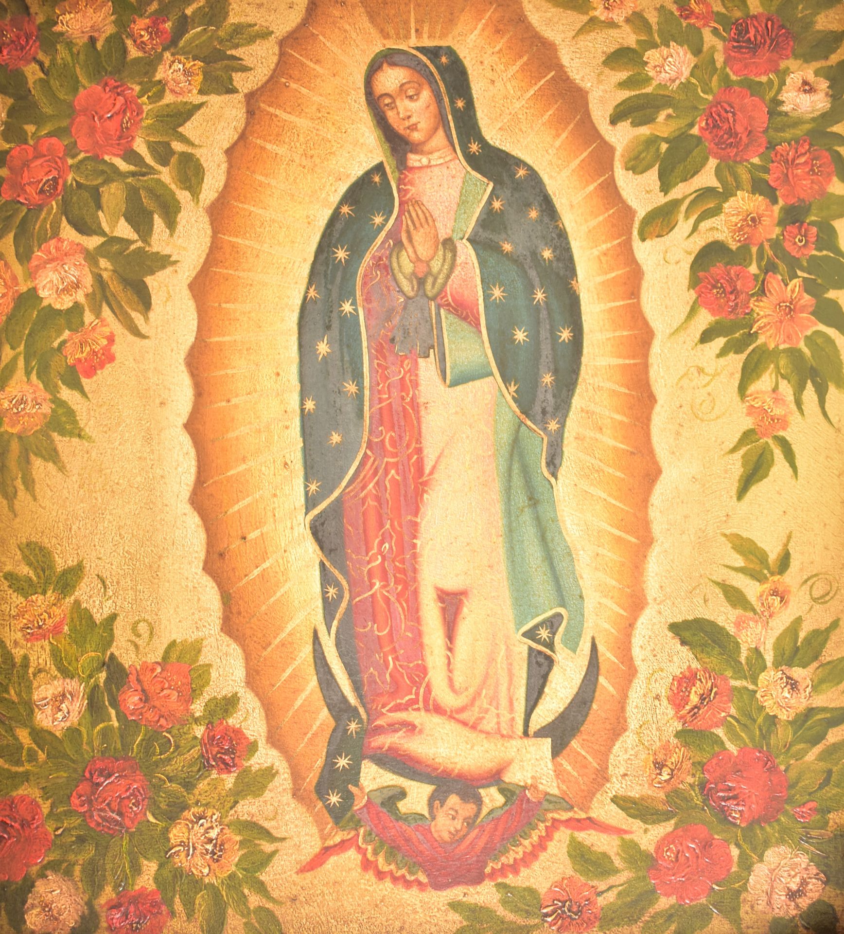 SPANISH COLONIAL SCHOOL - MEXICAN VIRGIN OF GUADALUPE PANEL - Image 6 of 10