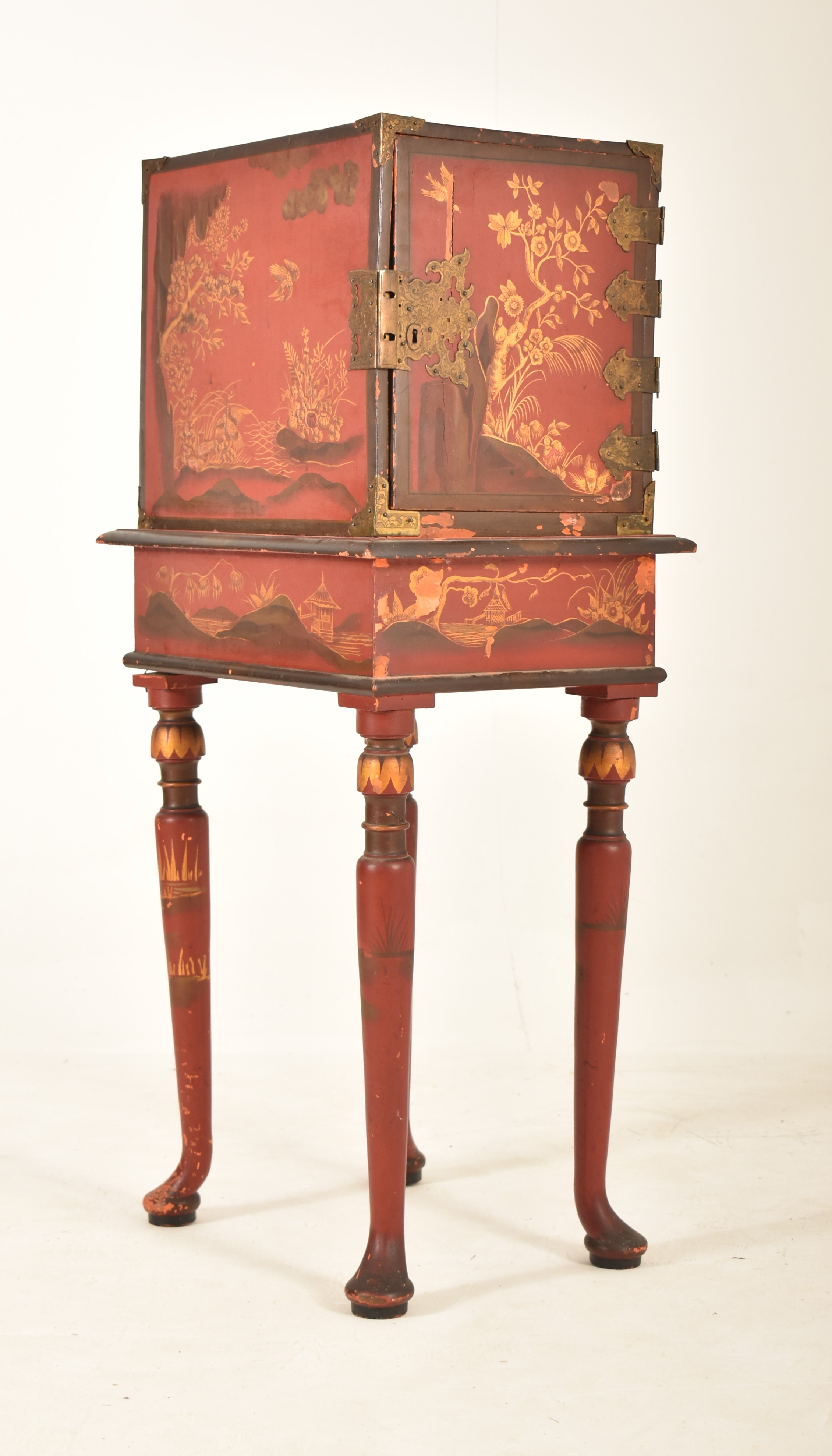LATE 19TH CENTURY CHINESE RED LACQUERED CABINET ON STAND
