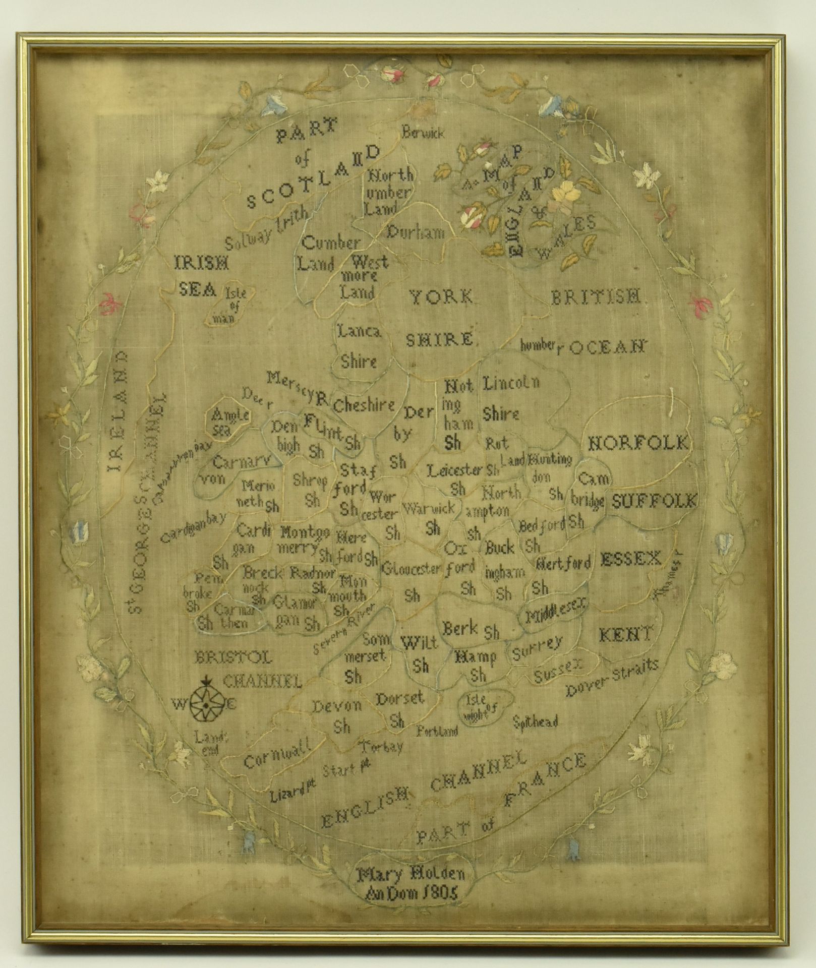 EARLY 19TH CENTURY 1805 GEORGE III NEEDLEPOINT MAP OF ENGLAND