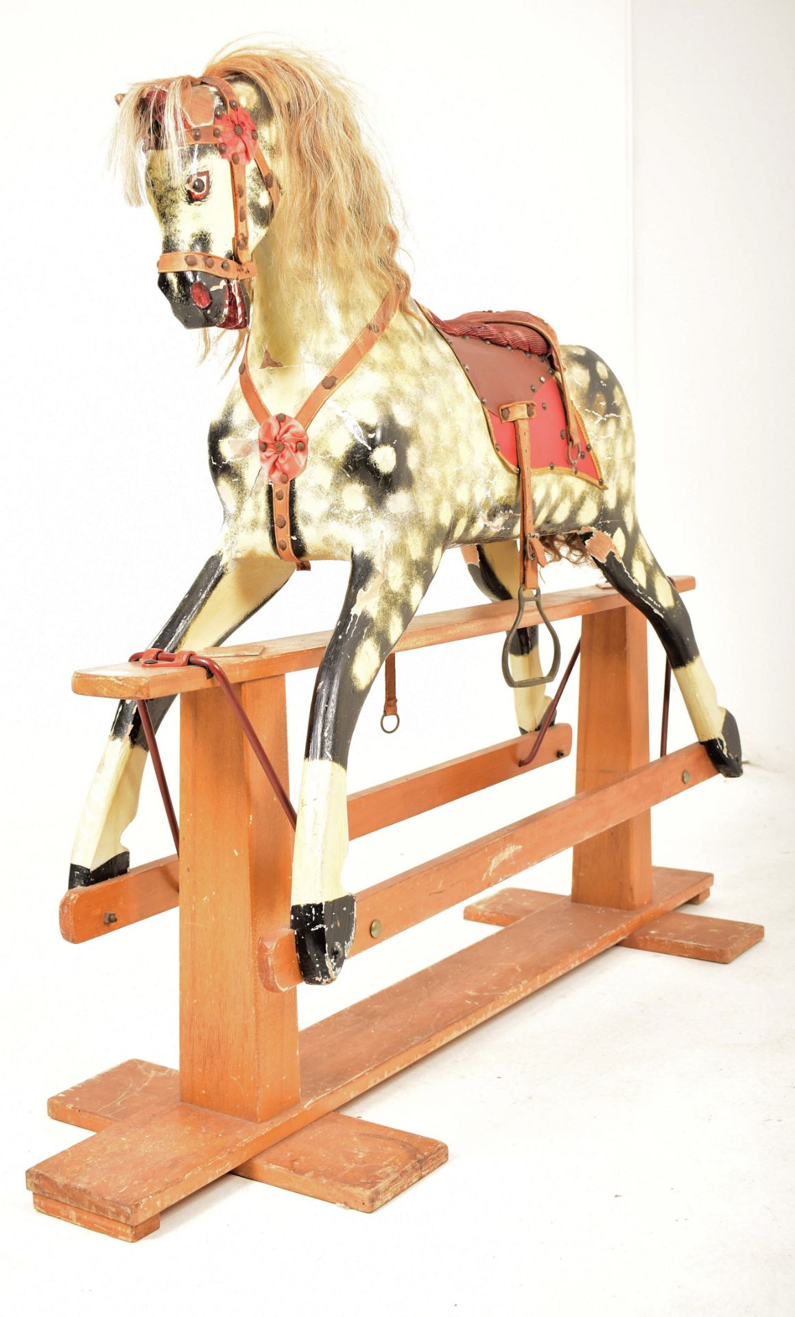 1920S CARVED WOOD PAINTED DAPPLE GREY ROCKING HORSE