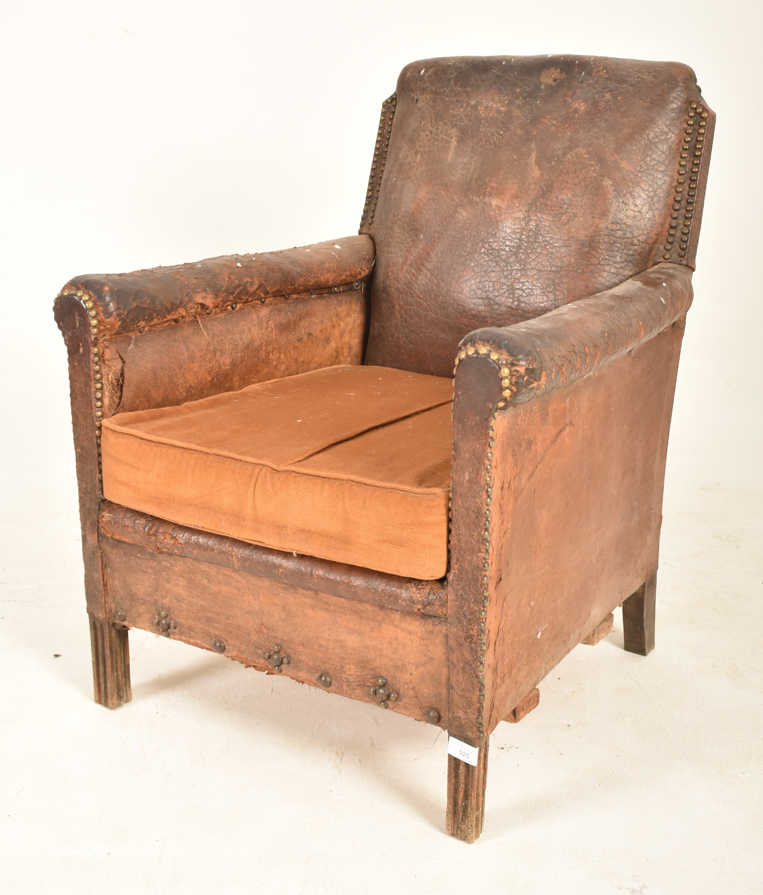 1920S BROWN LEATHER GENTLEMEN CLUB STUDDED ARMCHAIR