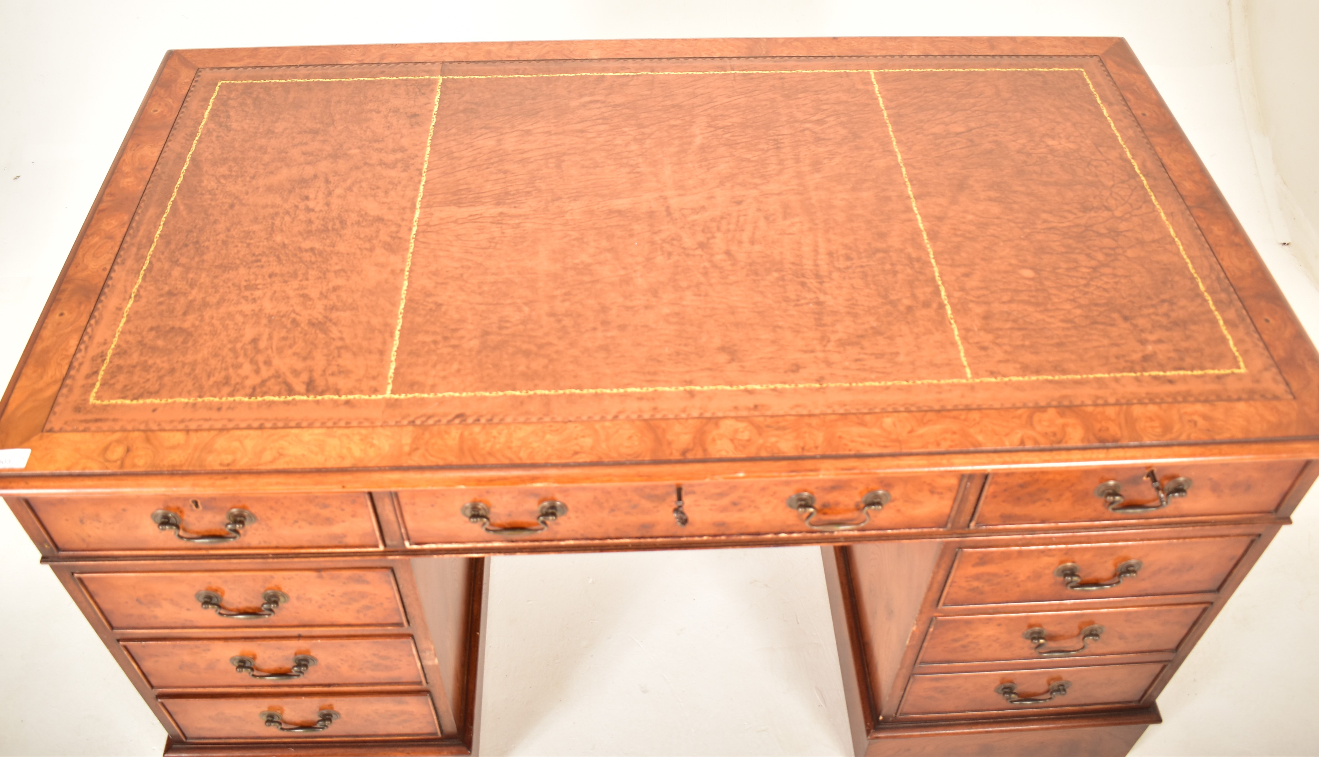 GEORGE III REVIVAL BURR WALNUT TWIN PEDESTAL DESK WITH CHAIR - Image 2 of 10