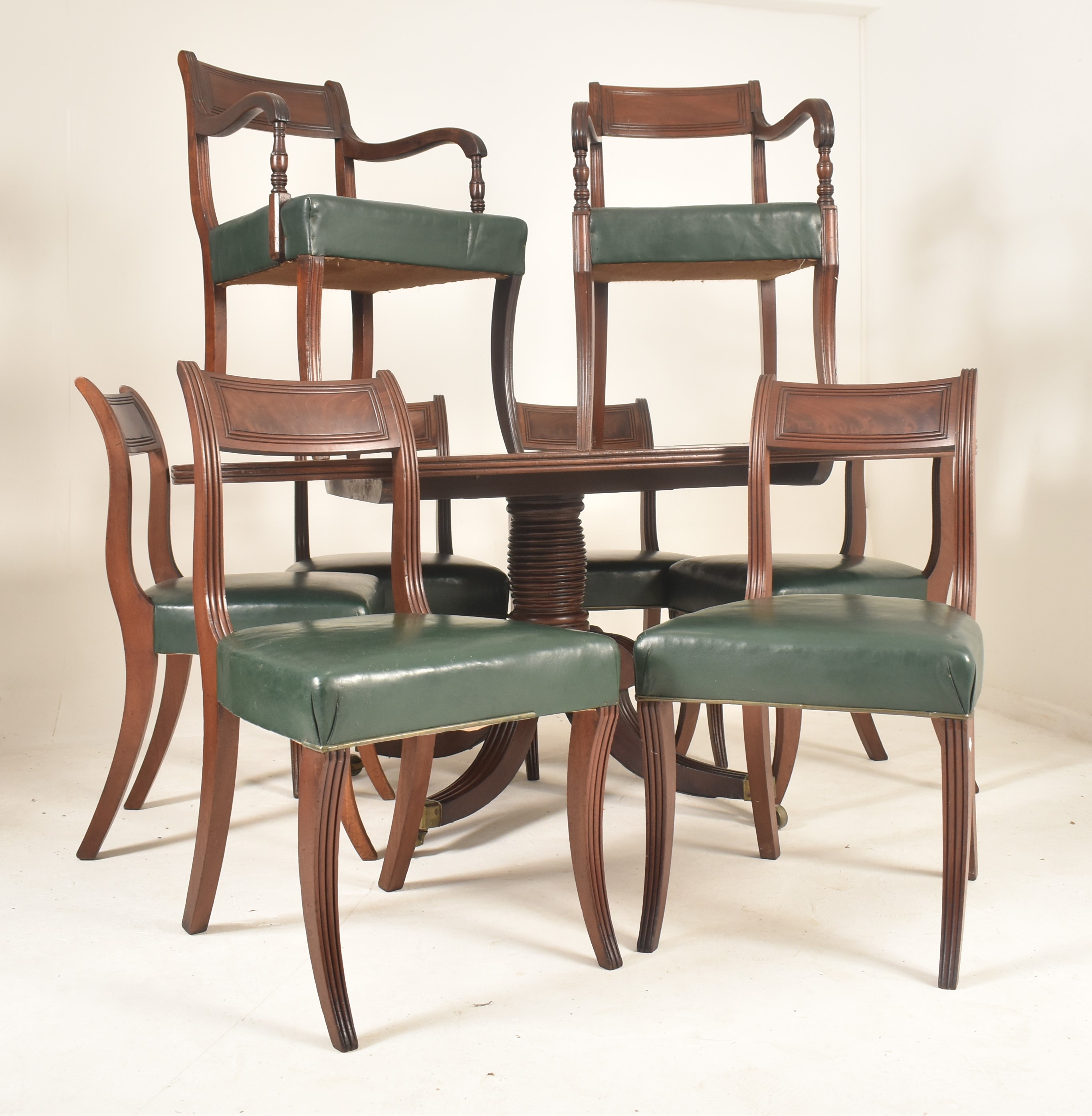 REGENCY 19TH CENTURY MAHOGANY TILT TOP DINING TABLE WITH CHAIRS