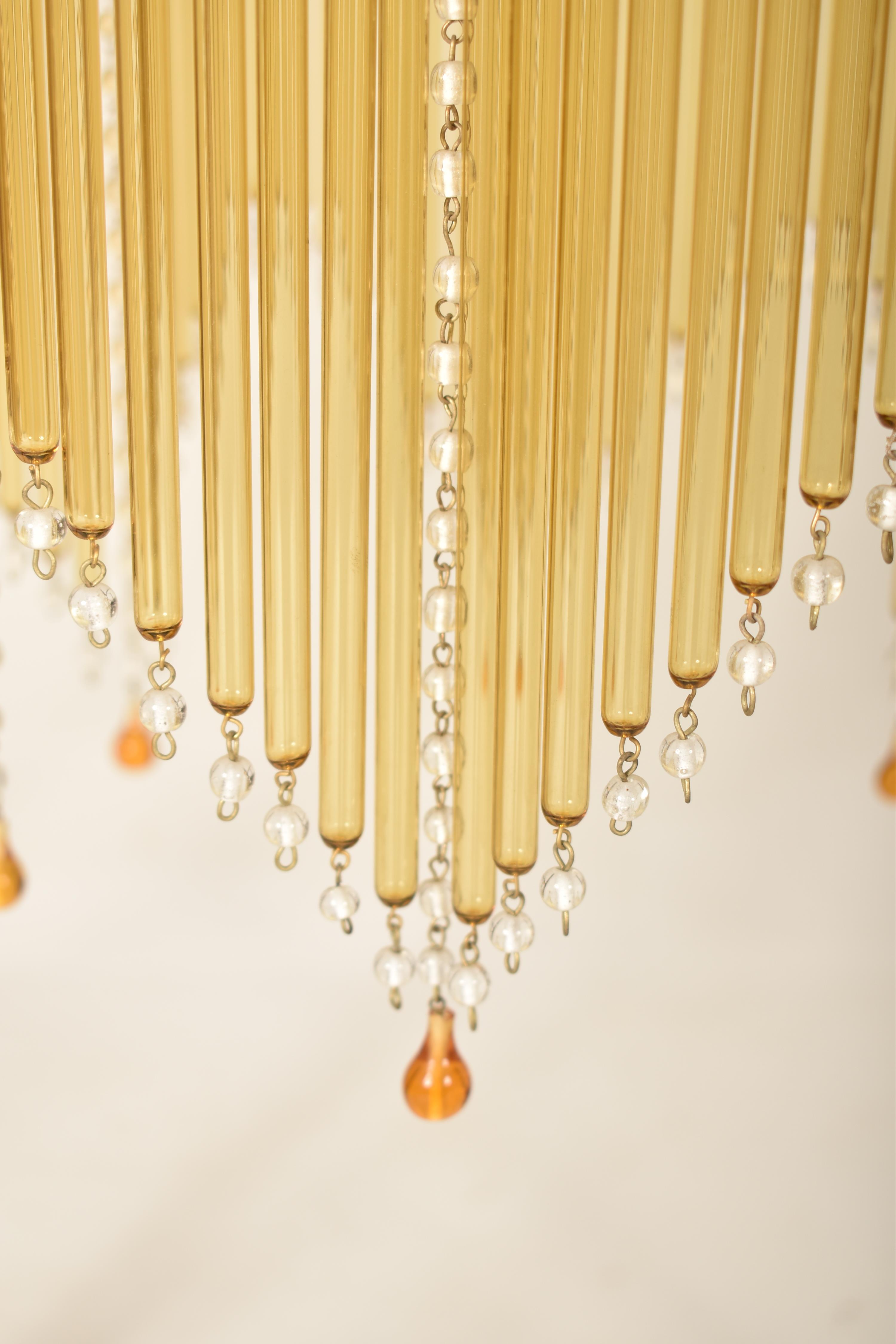 ART DECO INSPIRED BRASSED METAL & GLASS ROD CHANDELIER - Image 3 of 4