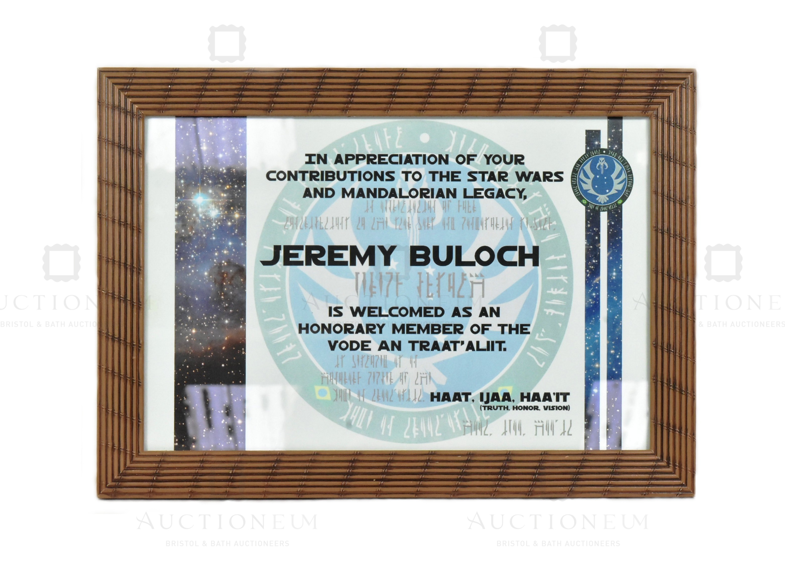 ESTATE OF JEREMY BULLOCH - FAN APPRECIATION PLAQUE