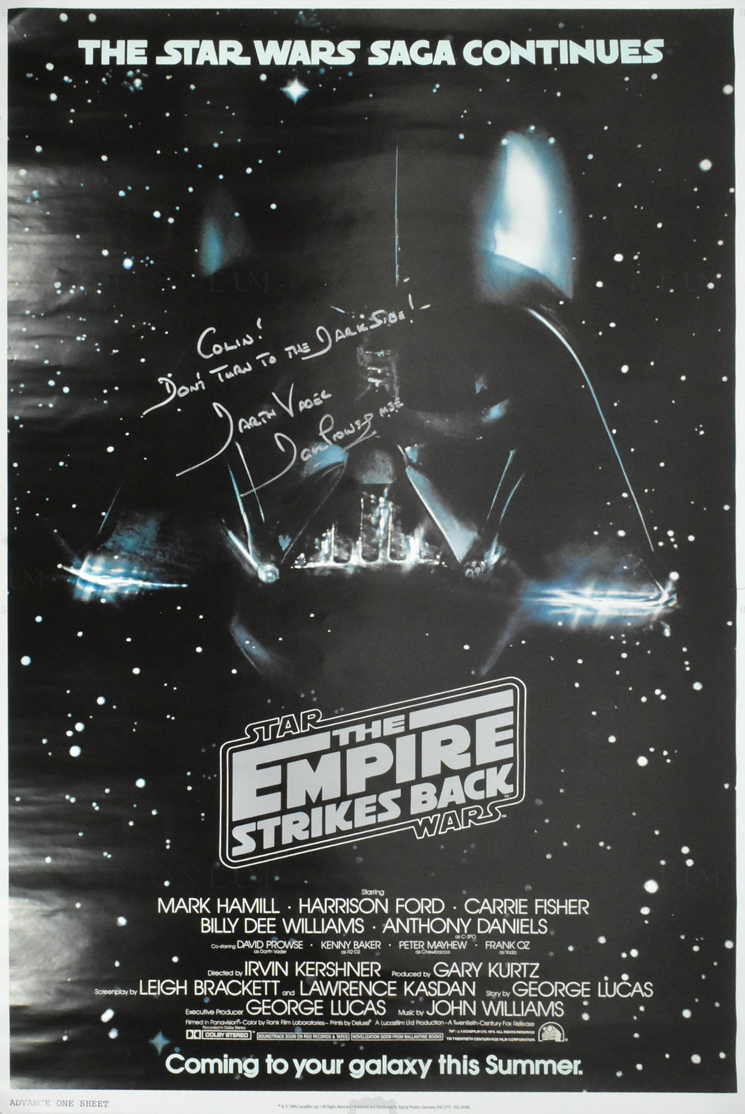 ESTATE OF DAVE PROWSE - STAR WARS - ESB - SIGNED ONE SHEET POSTER - Image 3 of 3