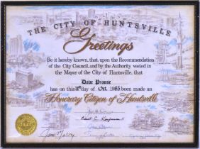 ESTATE OF DAVE PROWSE - HUNTSVILLE HONORARY CITIZEN CERTIFICATE