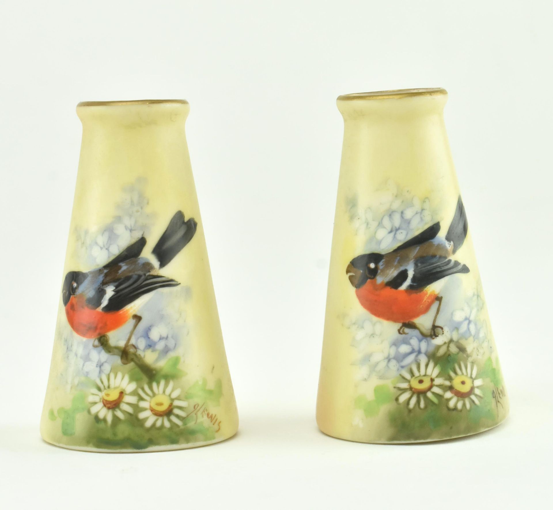 G. LEWIS FOR WORCESTER - PAIR HAND PAINTED PORCELAIN BEAKERS
