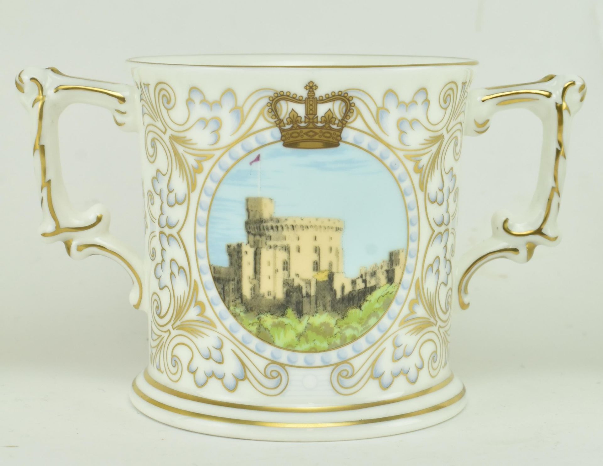 FOUR ROYAL CROWN DERBY BONE CHINA TWIN-HANDLED LOVING CUPS - Image 5 of 8