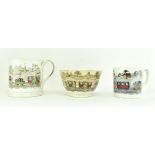 THREE VICTORIAN CERAMIC RAILWAY PIECES, TWO MUGS & A BOWL