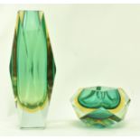 MURANO SOMMERSO - TWO GREEN & YELLOW FACETED GLASS VASES