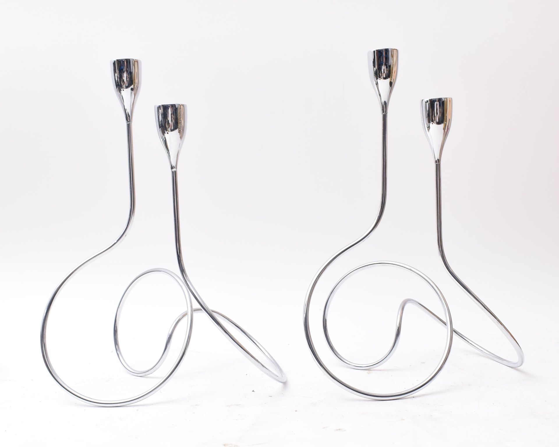 PAIR CONTEMPORARY BLACK + BLUM ' LOOP ' CHROME CANDELABRAS