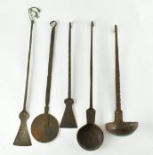 FIVE 19TH CENTURY INDIAN IRON GHEE UTENSILS, INCL. LADLE