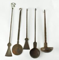 FIVE 19TH CENTURY INDIAN IRON GHEE UTENSILS, INCL. LADLE