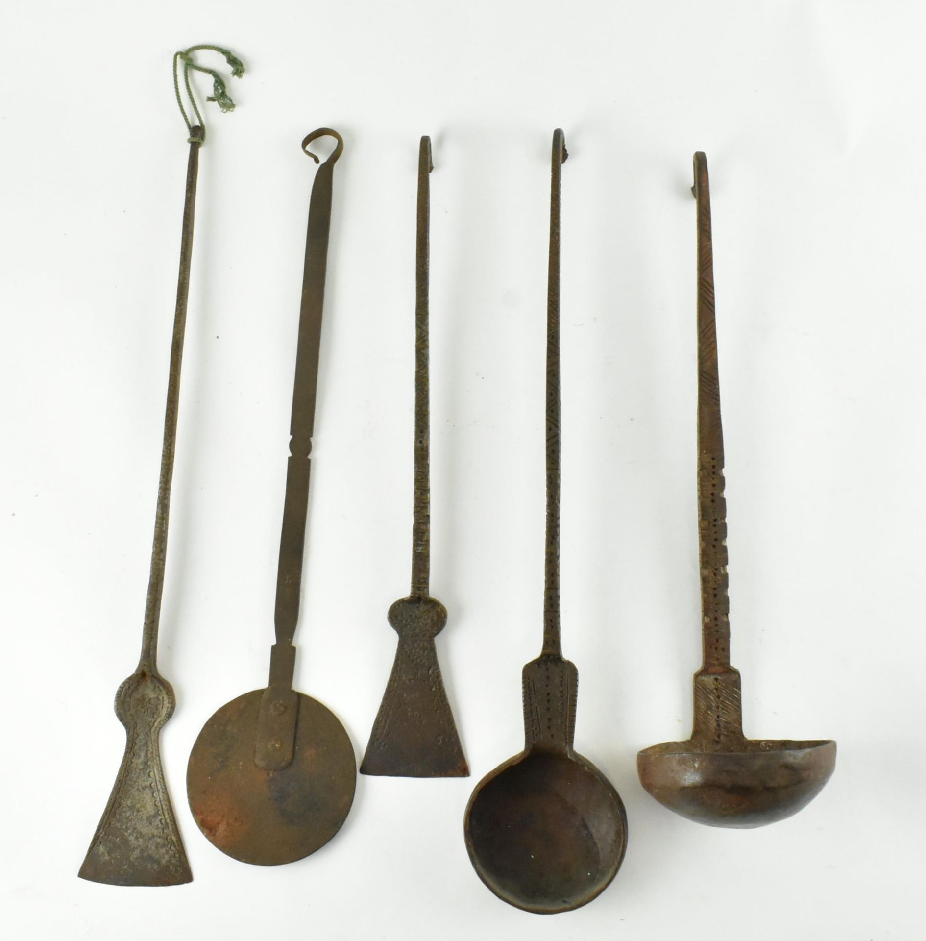 FIVE 19TH CENTURY INDIAN IRON GHEE UTENSILS, INCL. LADLE