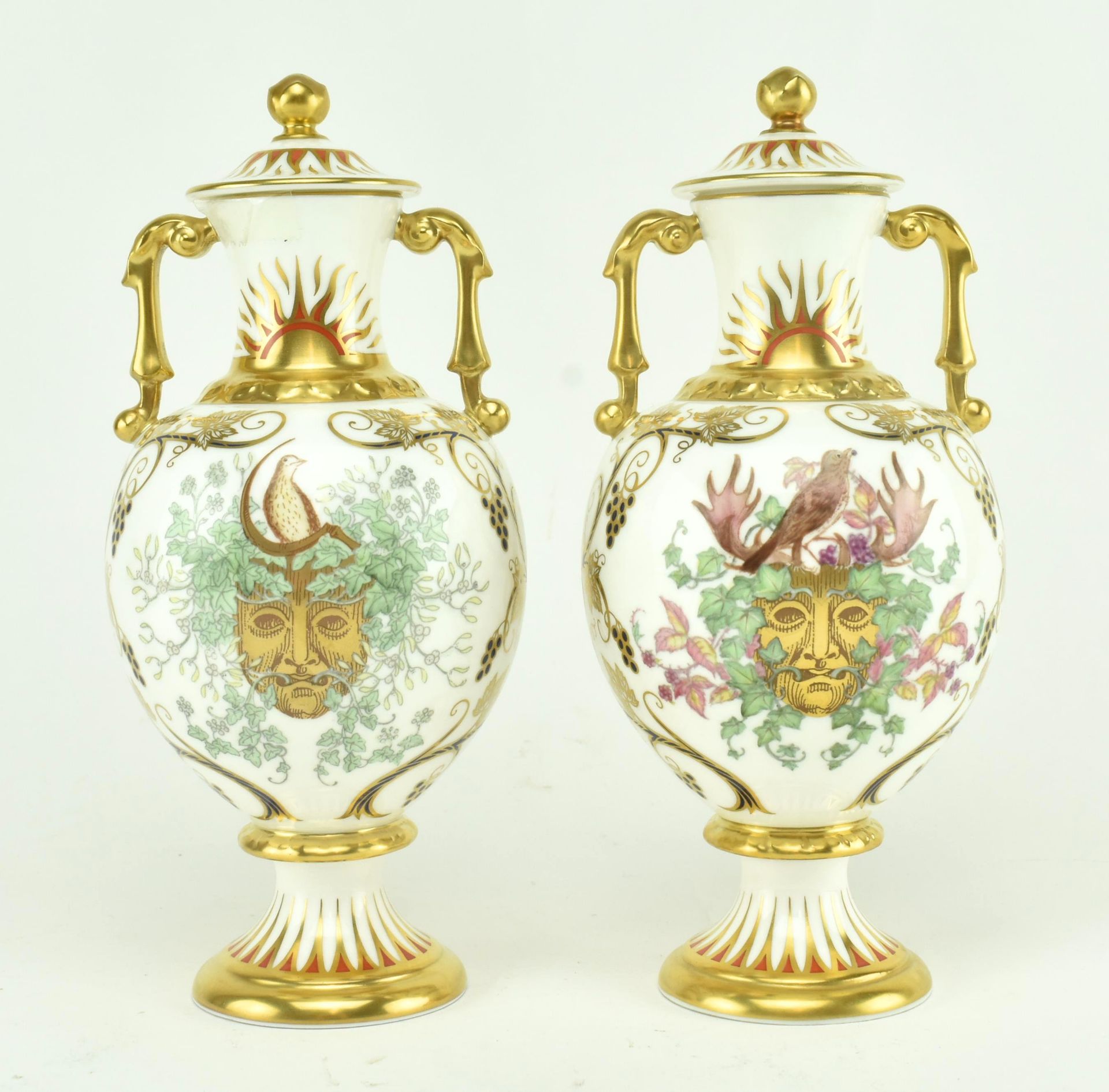 PAIR OF CONTEMPORARY ROYAL CROWN DERBY URNS / VASES