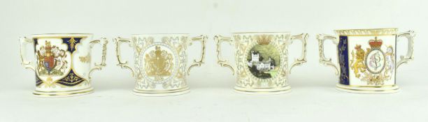 FOUR ROYAL CROWN DERBY BONE CHINA TWIN-HANDLED LOVING CUPS