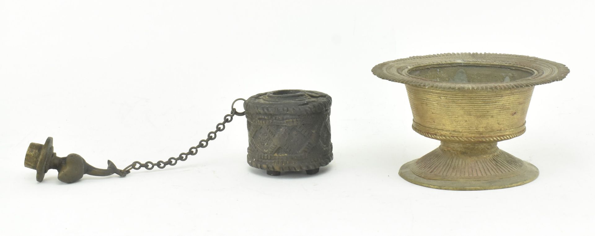 INDIAN METAL OFFERINGS BOWL & TIBETAN LIDDED POWDER POT