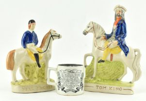 TWO STAFFORDSHIRE HORSE RIDING FIGURINES & A FARMER'S MUG